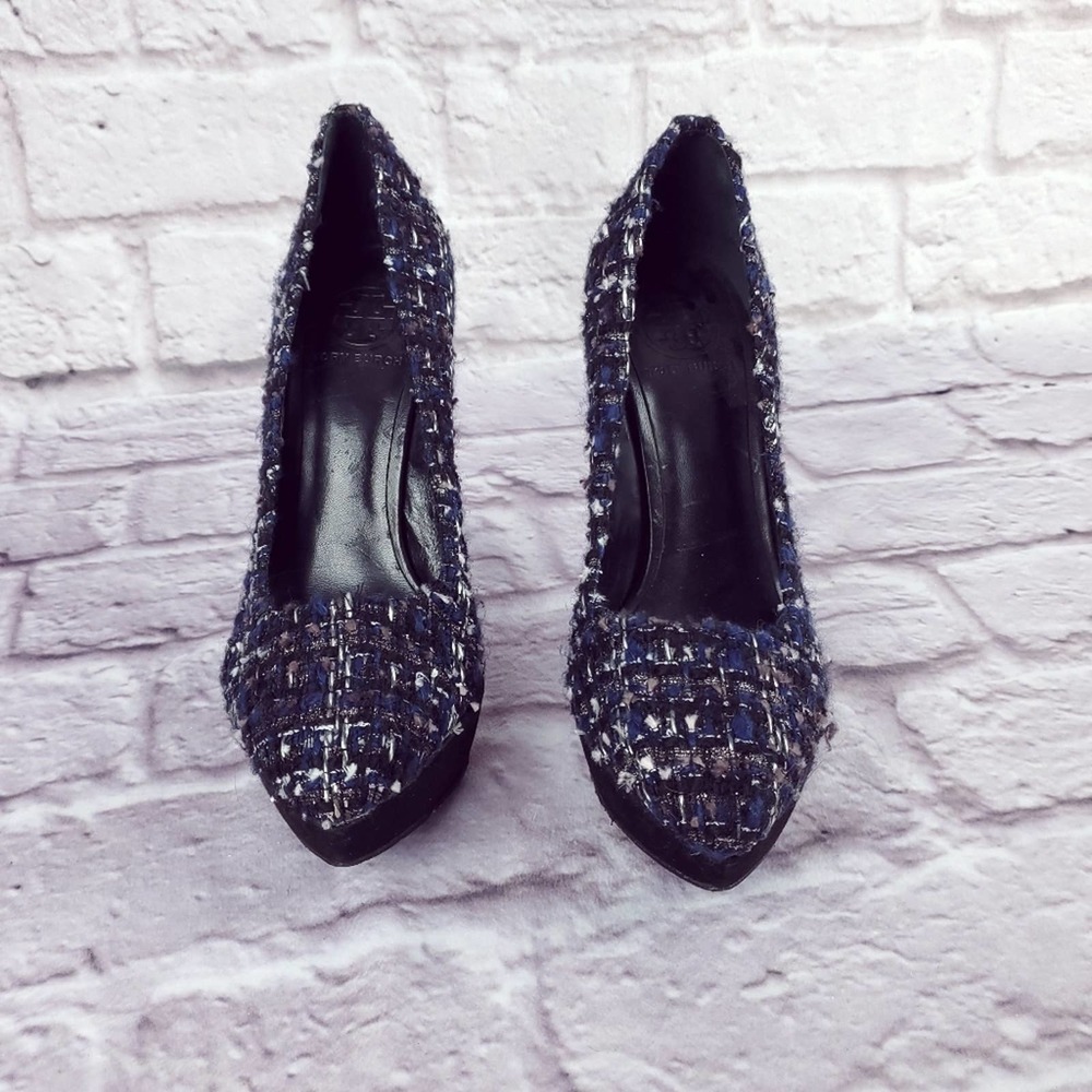 Tory Burch “Peggy” tweed sky high pumps size 9 EUC